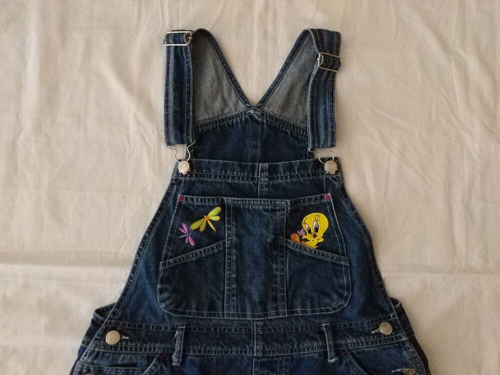 Vtg LOONEY TUNES Tweety Bird Butterfly Shortalls Shorts Y2k 90s Oversized SMALL - Picture 3 of 11